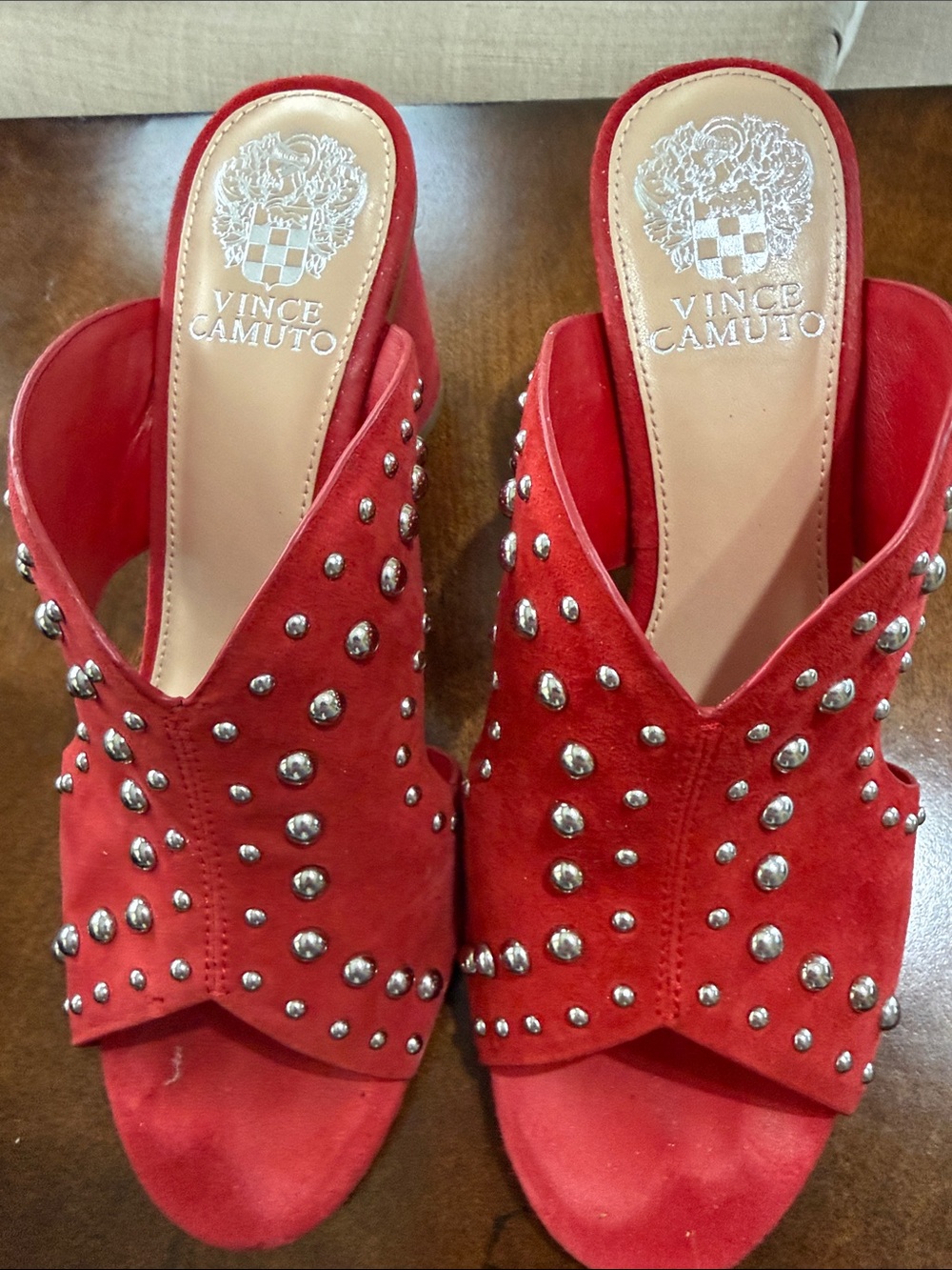 Vince Camuto Red Suede Studded Mule Heels